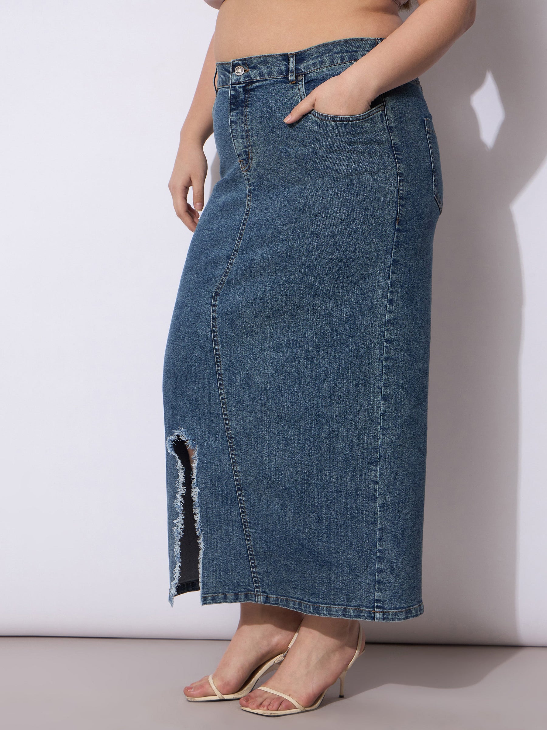 Blue Acid Denim Wash Front Slit Skirt-SASSAFRAS Curve