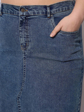 Blue Acid Denim Wash Front Slit Skirt-SASSAFRAS Curve