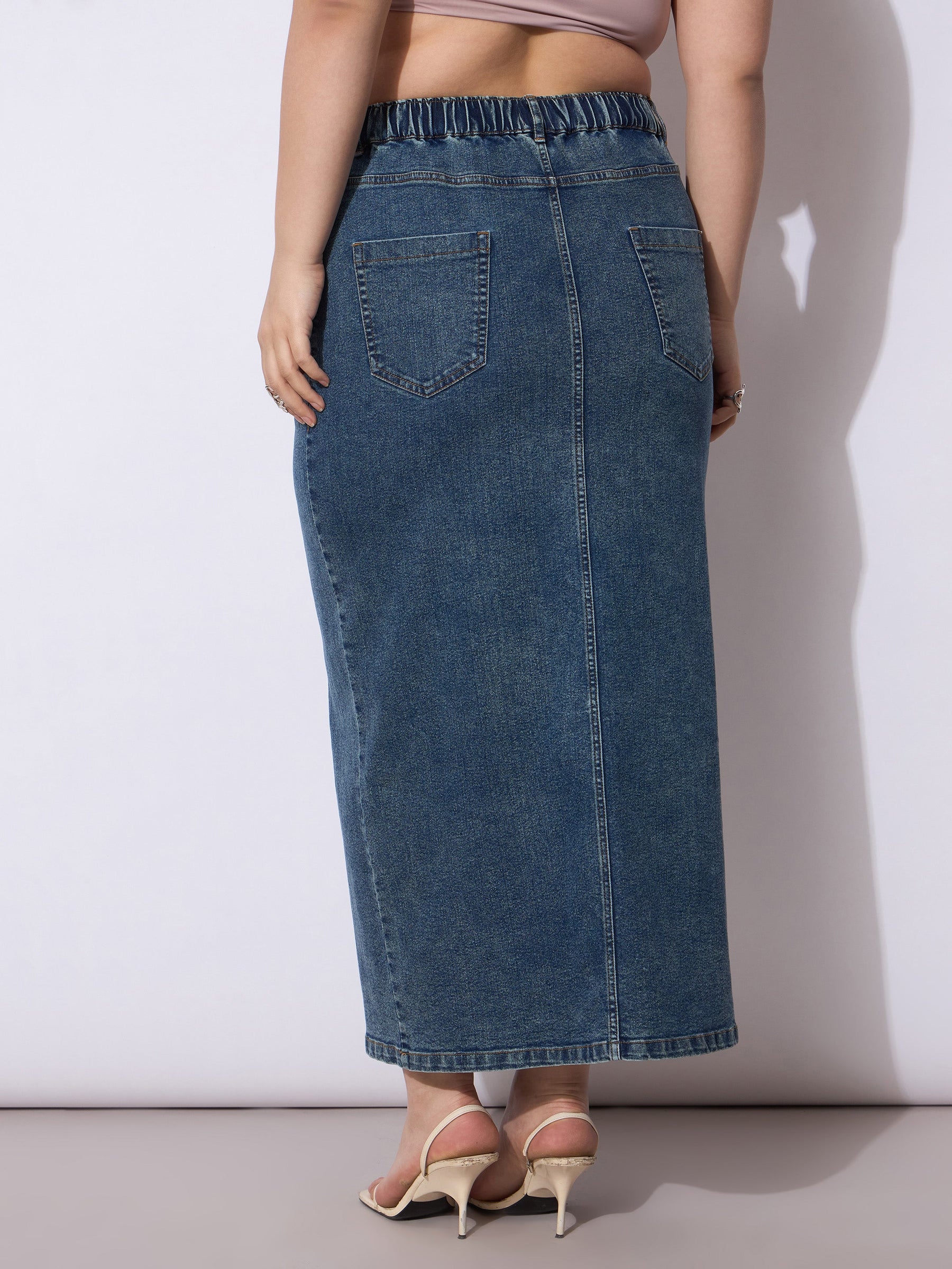 Blue Acid Denim Wash Front Slit Skirt-SASSAFRAS Curve