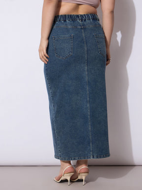 Blue Acid Denim Wash Front Slit Skirt-SASSAFRAS Curve