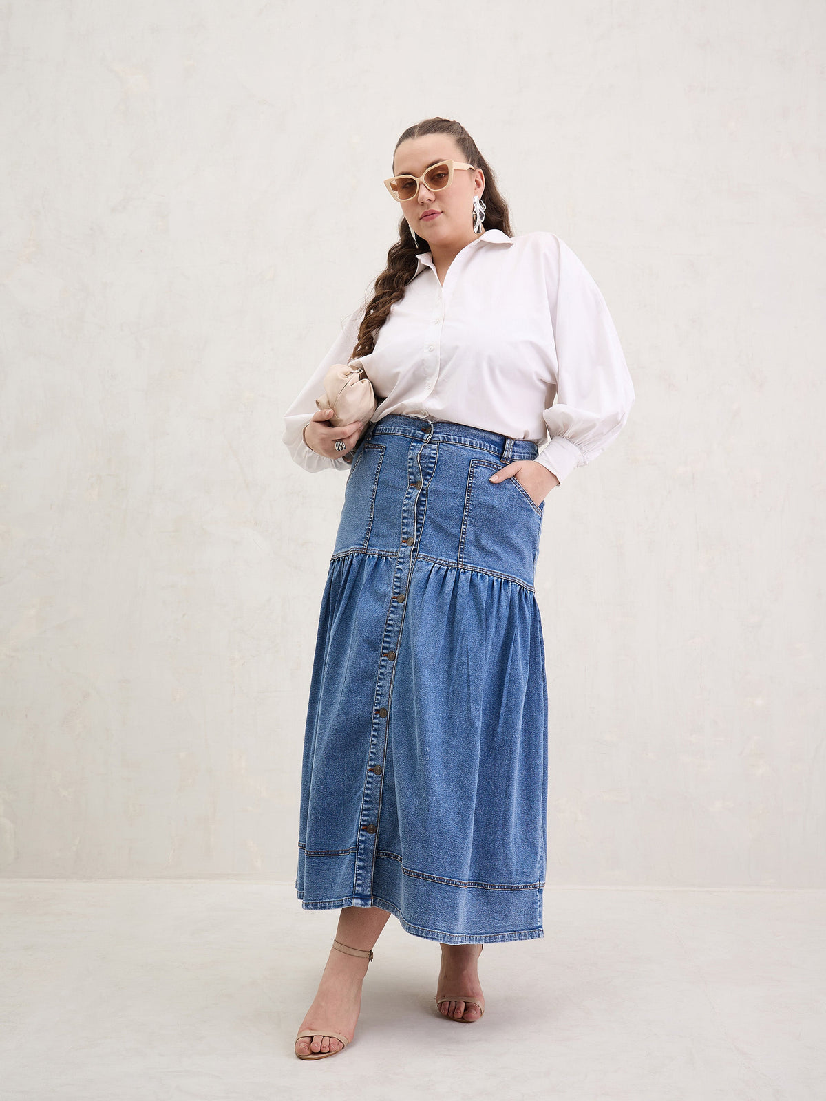 Ice Blue Denim Front Button Maxi Skirt-SASSAFRAS Curve