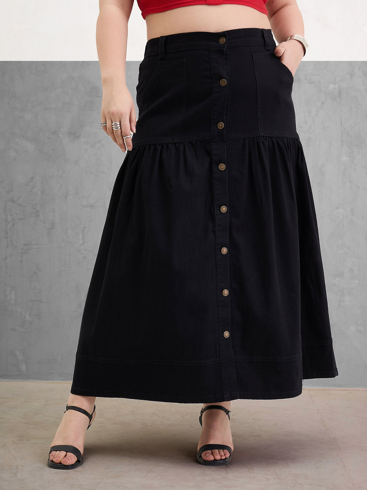 Black Denim Front Button Maxi Skirt-SASSAFRAS Curve