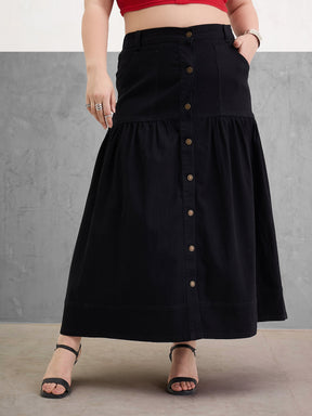 Black Denim Front Button Maxi Skirt-SASSAFRAS Curve