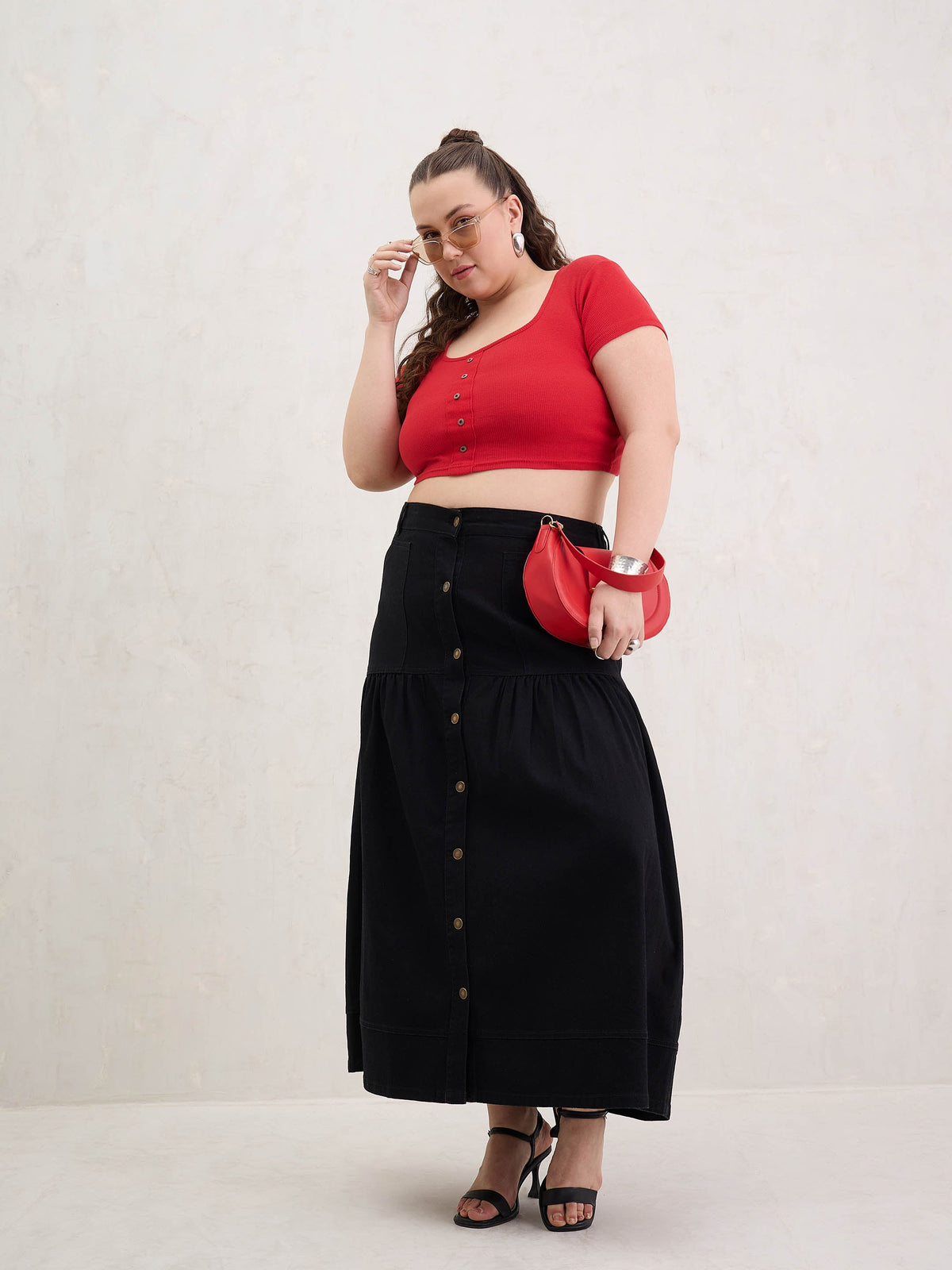 Black Denim Front Button Maxi Skirt-SASSAFRAS Curve