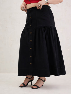 Black Denim Front Button Maxi Skirt-SASSAFRAS Curve