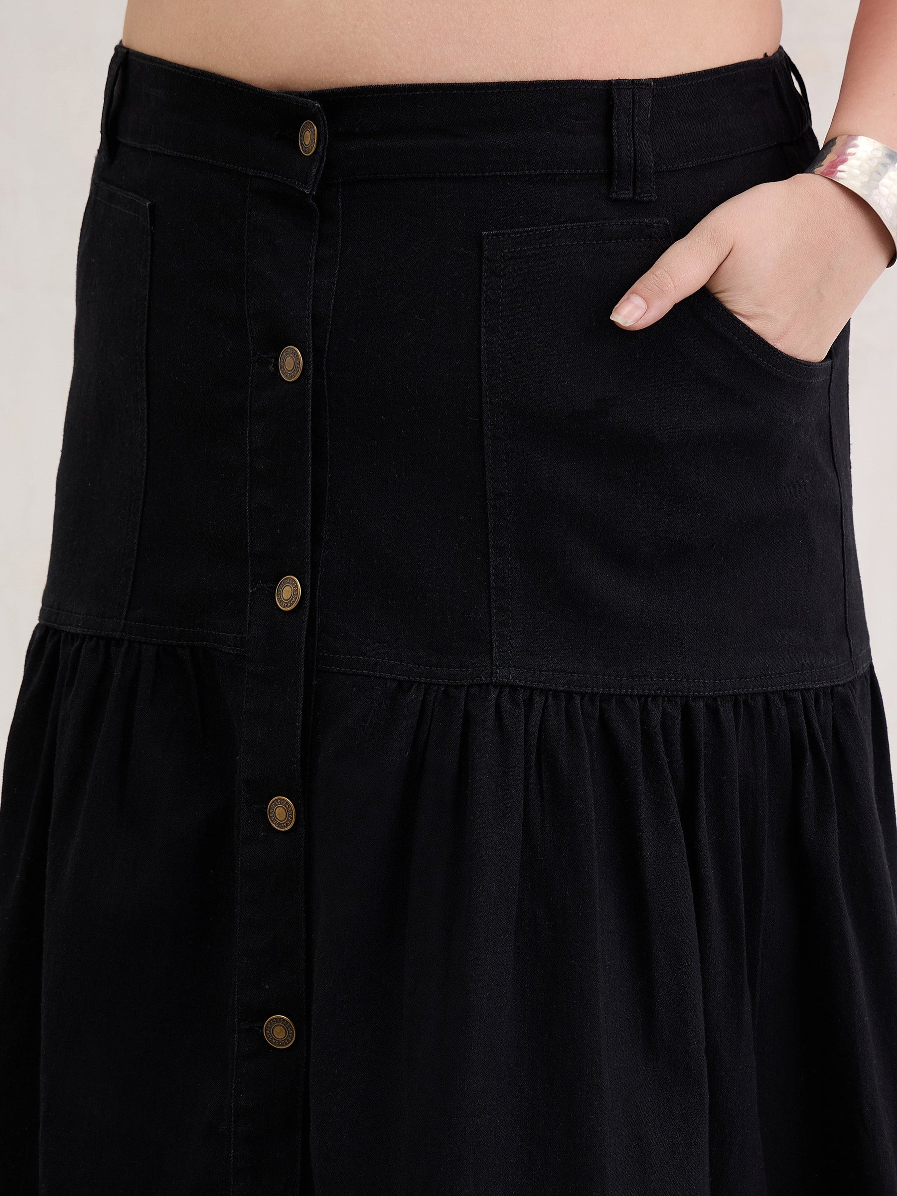 Black Denim Front Button Maxi Skirt-SASSAFRAS Curve