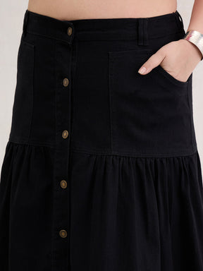 Black Denim Front Button Maxi Skirt-SASSAFRAS Curve