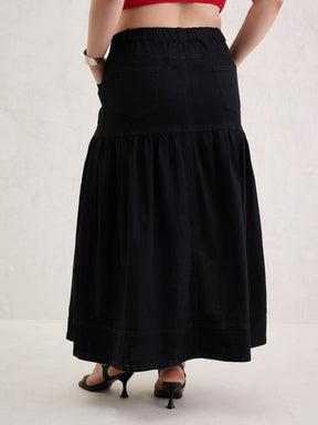 Black Denim Front Button Maxi Skirt-SASSAFRAS Curve