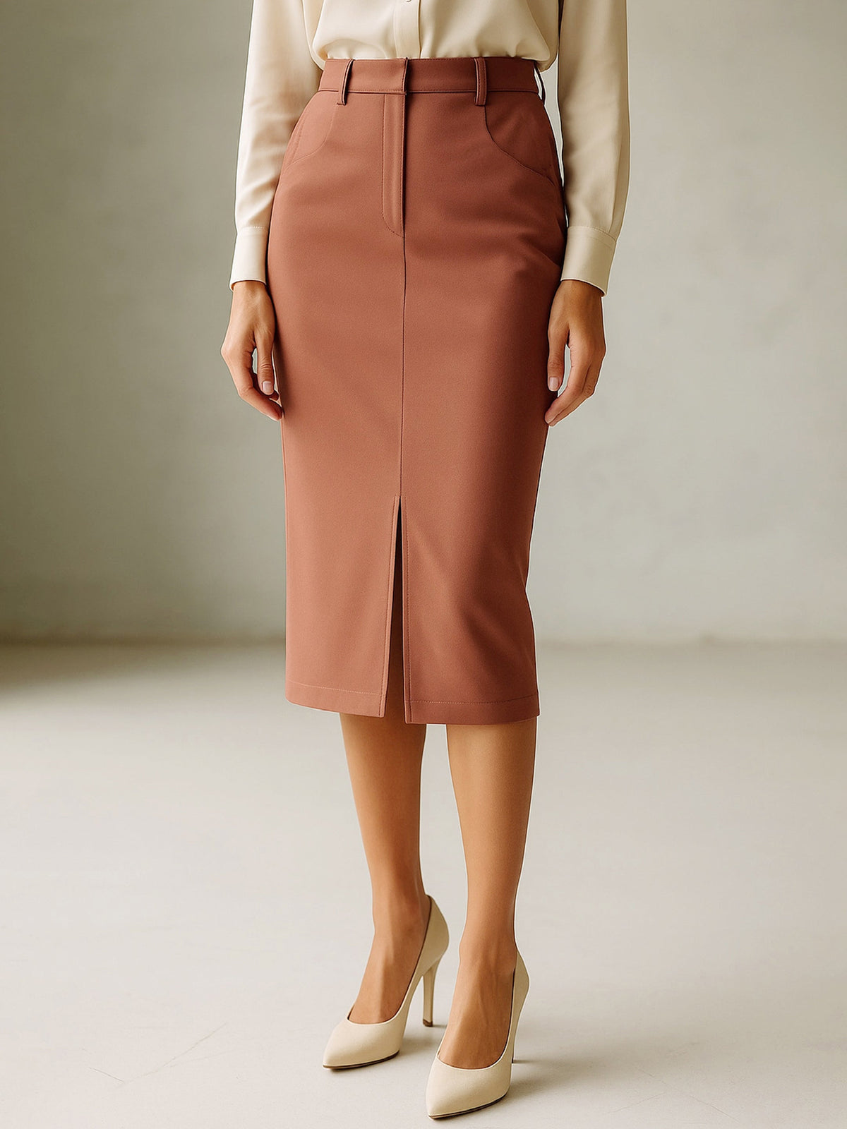 Rust Front Slit Midi Skirt-SASSAFRAS worklyf