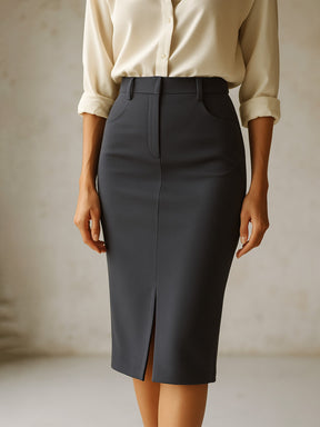 Dark Grey Front Slit Midi Skirt-SASSAFRAS worklyf