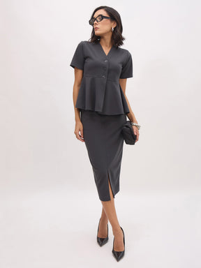 Dark Grey Front Slit Midi Skirt-SASSAFRAS worklyf