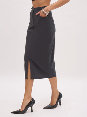Dark Grey Front Slit Midi Skirt-SASSAFRAS worklyf