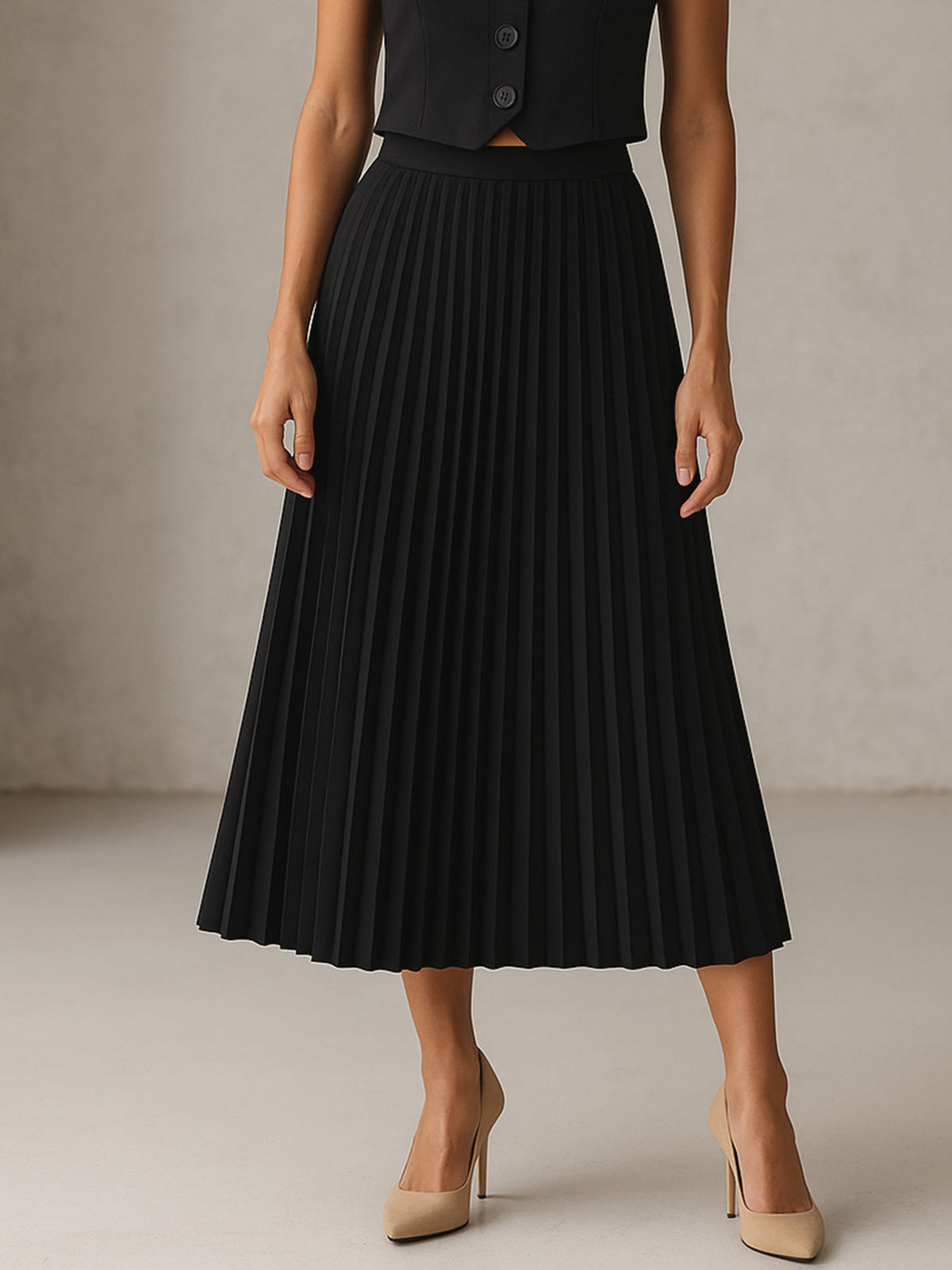 Black Elasticated Waist Pleated Midi Skirt-SASSAFRAS worklyf