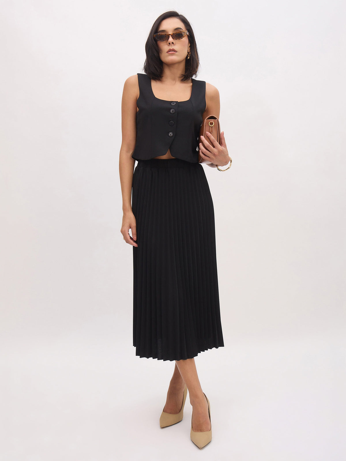 Black Elasticated Waist Pleated Midi Skirt-SASSAFRAS worklyf