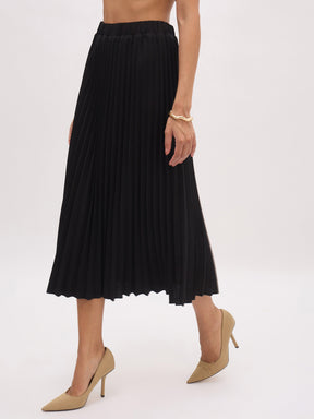 Black Elasticated Waist Pleated Midi Skirt-SASSAFRAS worklyf