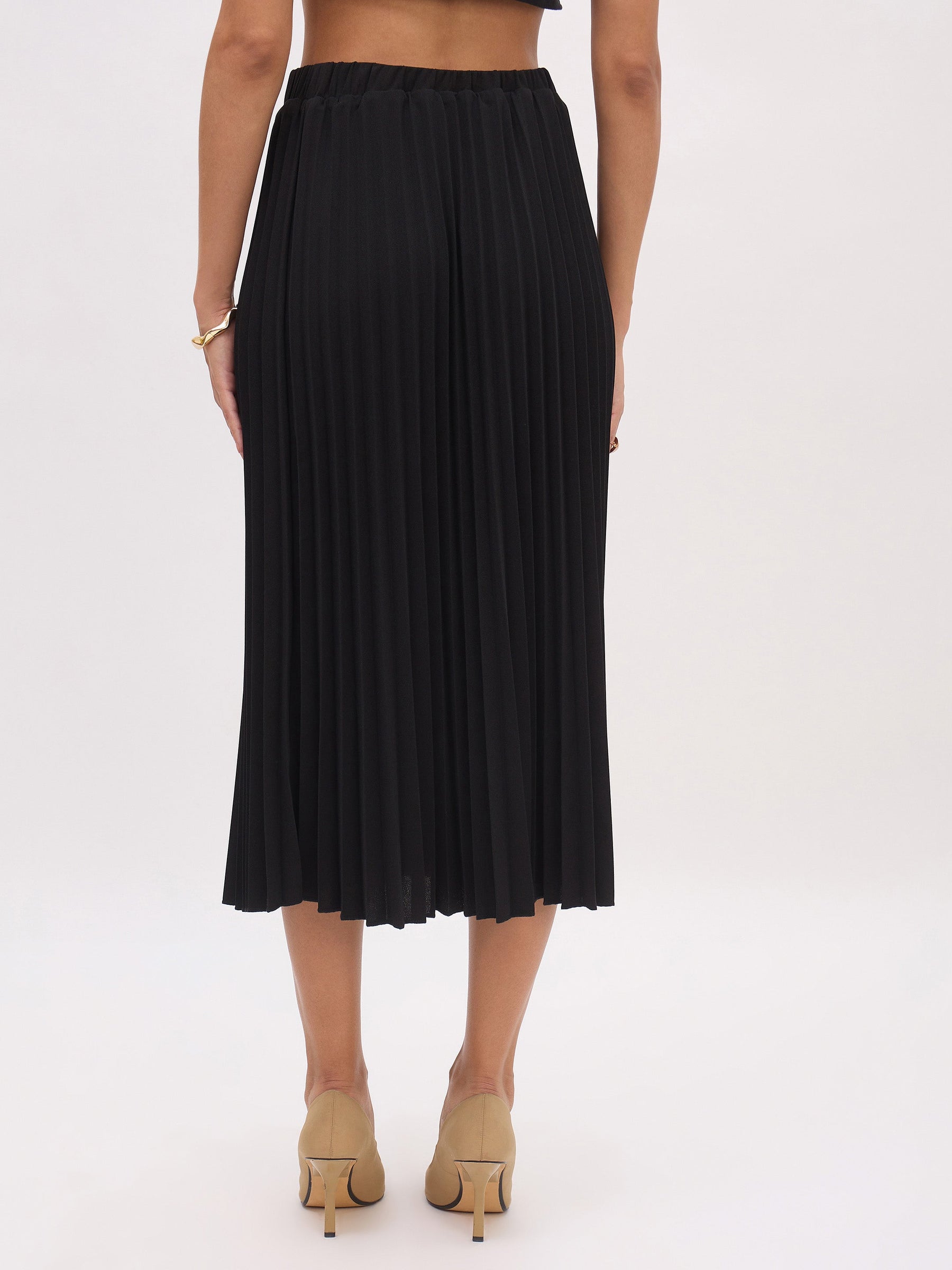 Black Elasticated Waist Pleated Midi Skirt-SASSAFRAS worklyf