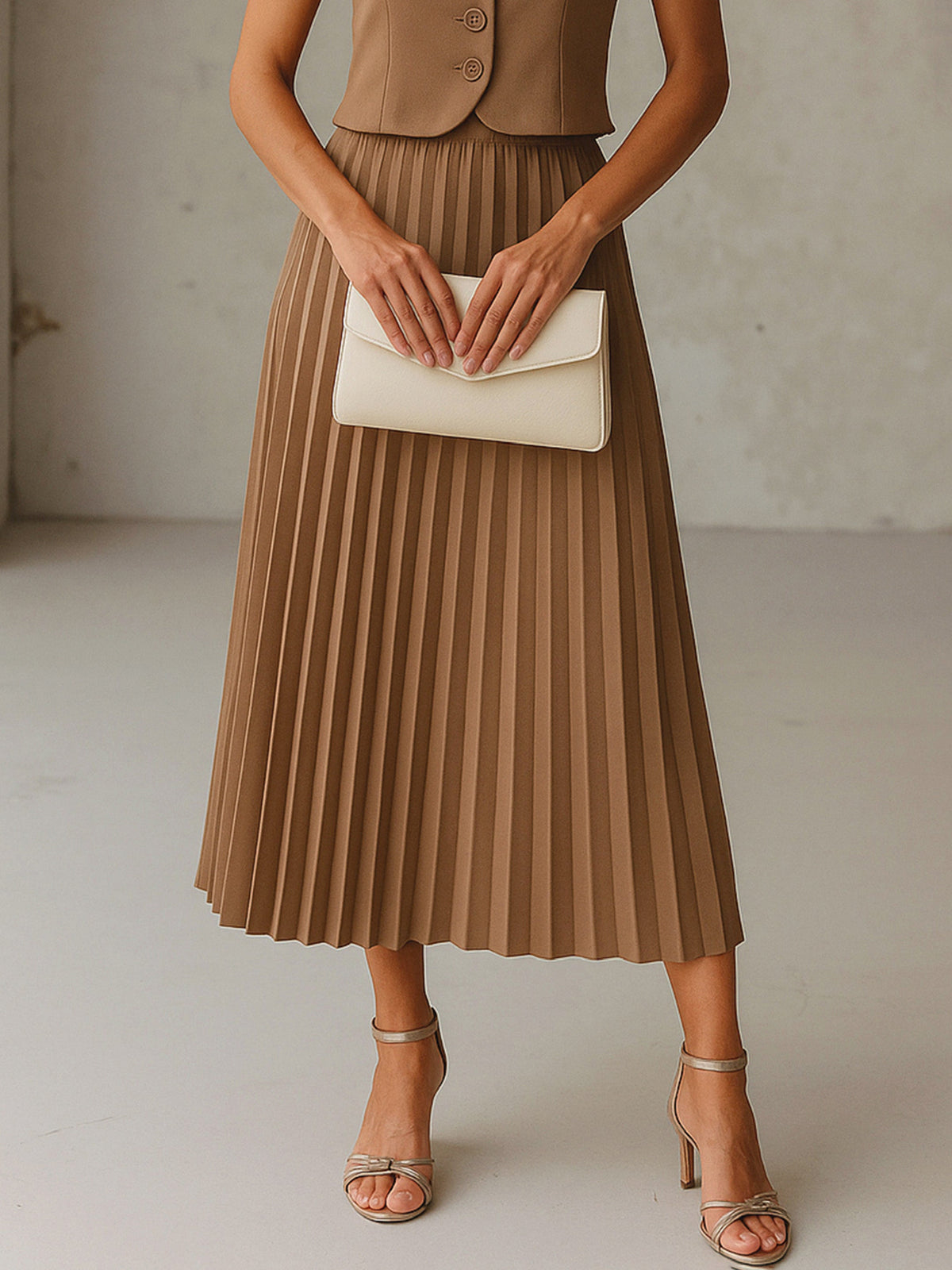 Dark Beige Elasticated Waist Pleated Midi Skirt-SASSAFRAS worklyf