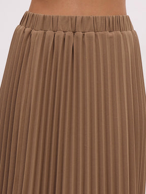 Dark Beige Elasticated Waist Pleated Midi Skirt-SASSAFRAS worklyf