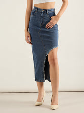 Blue Washed Front Slit Straight Fit Skirt-SASSAFRAS