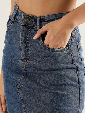 Blue Washed Front Slit Straight Fit Skirt-SASSAFRAS