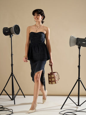 Black Washed Front Slit Straight Fit Skirt-SASSAFRAS