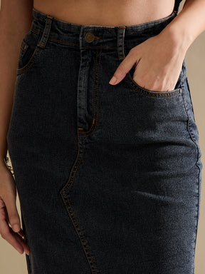 Black Washed Front Slit Straight Fit Skirt-SASSAFRAS