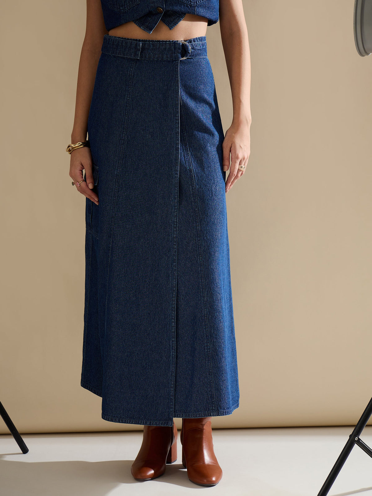 Navy Washed Side Pocket Midi Wrap Skirt-SASSAFRAS
