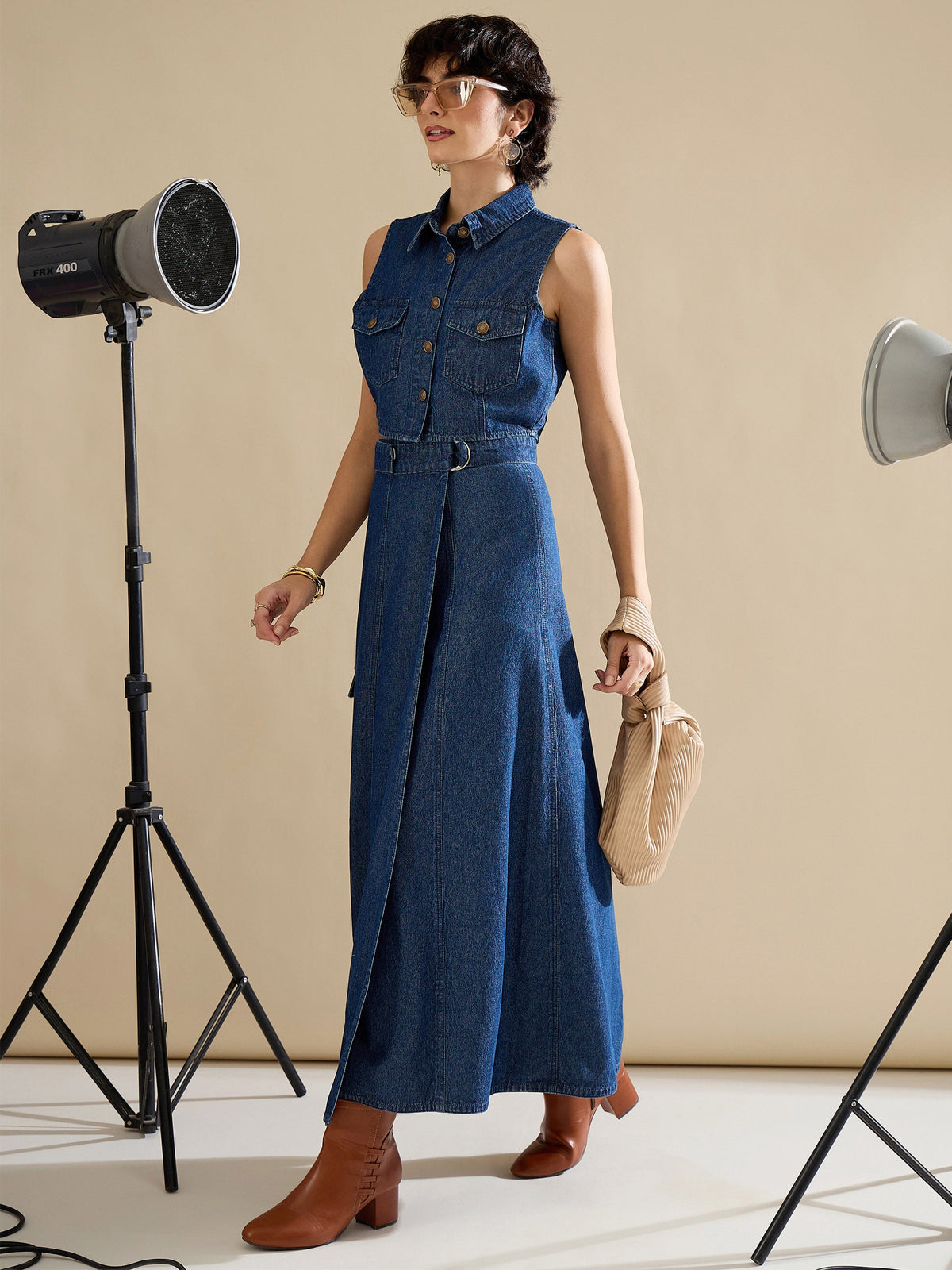 Navy Washed Side Pocket Midi Wrap Skirt-SASSAFRAS