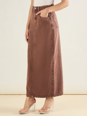 Brown Denim Back Slit Long Skirt-SASSAFRAS BASICS
