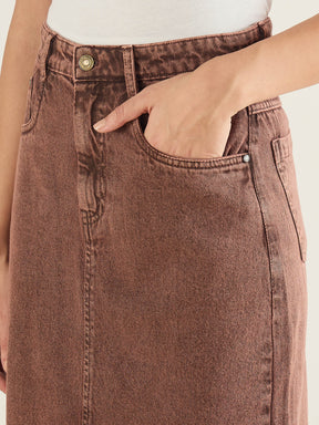 Brown Denim Back Slit Long Skirt-SASSAFRAS BASICS