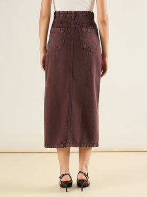 Tinted Brown Denim Front Slit Midi Skirt-SASSAFRAS BASICS