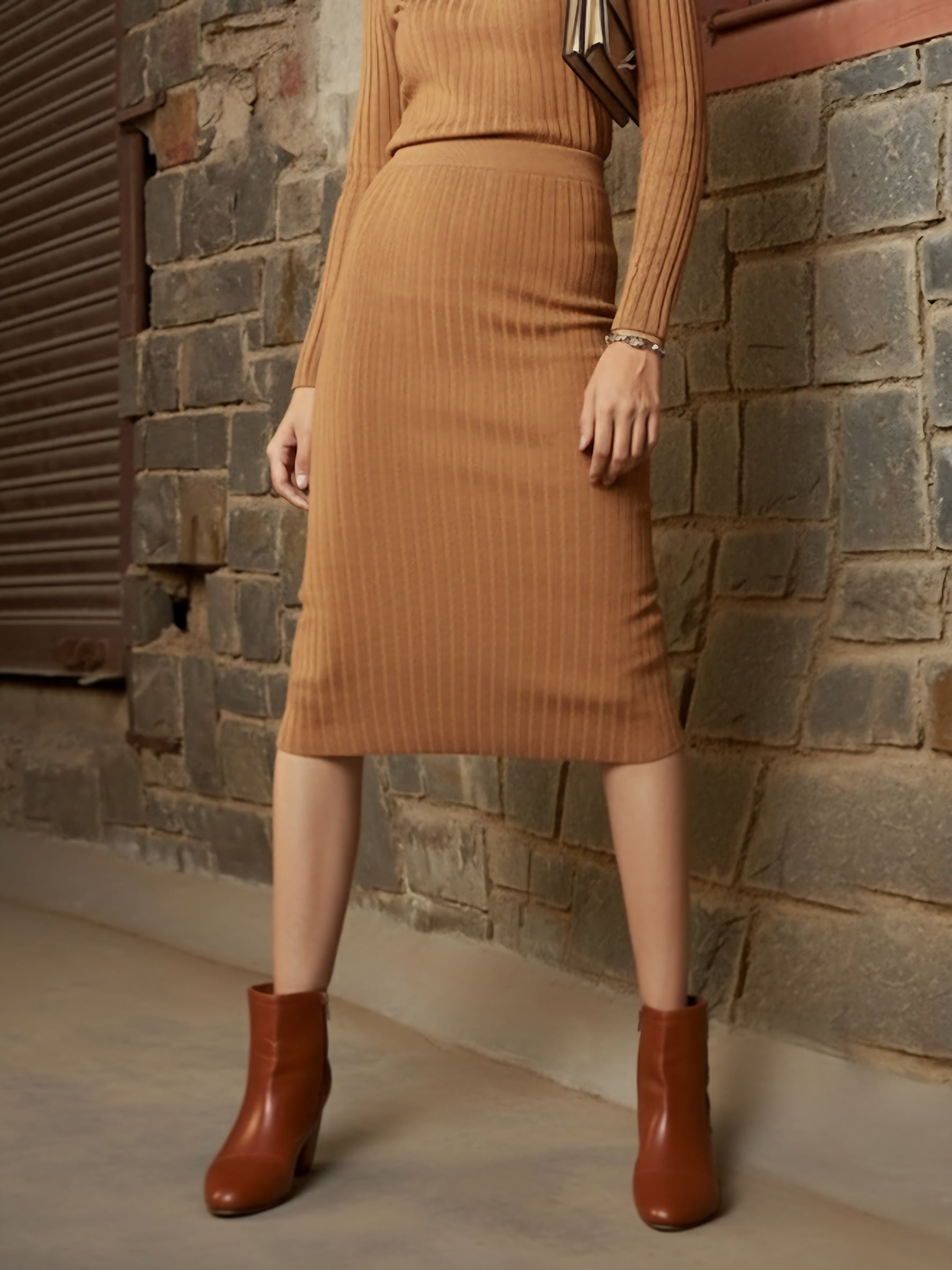 Beige Rib Pencil Midi Skirt-SASSAFRAS