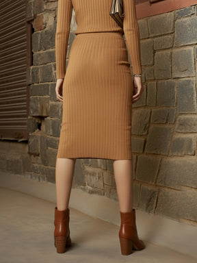 Beige Rib Pencil Midi Skirt-SASSAFRAS