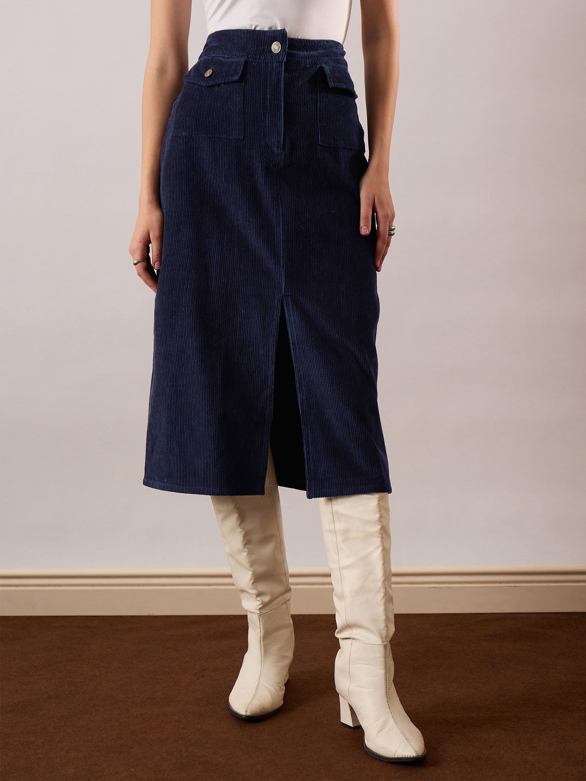 Navy Blue Corduroy Front Patch Pocket Midi Skirt-SASSAFRAS