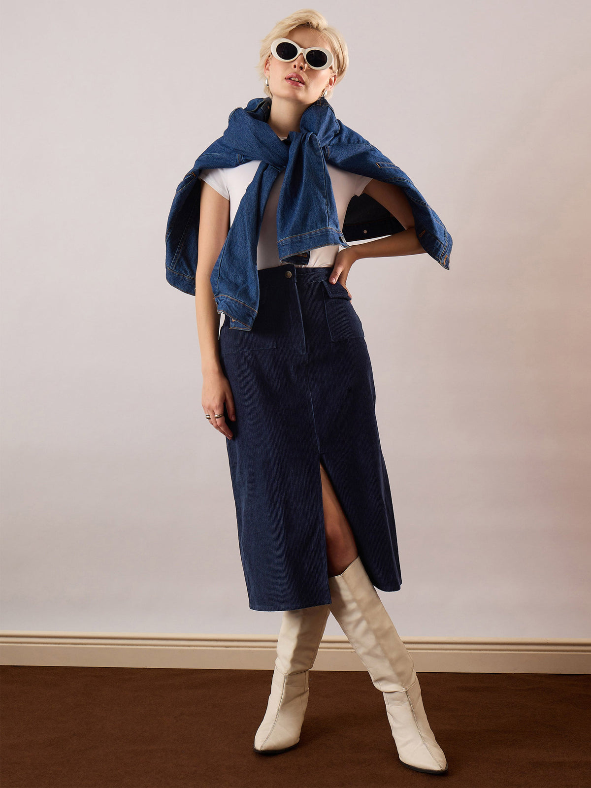 Navy Blue Corduroy Front Patch Pocket Midi Skirt-SASSAFRAS