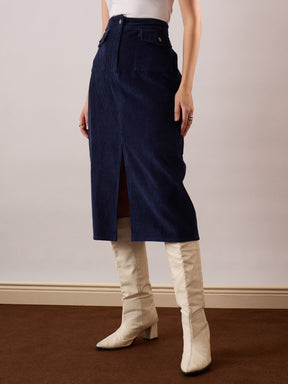 Navy Blue Corduroy Front Patch Pocket Midi Skirt-SASSAFRAS