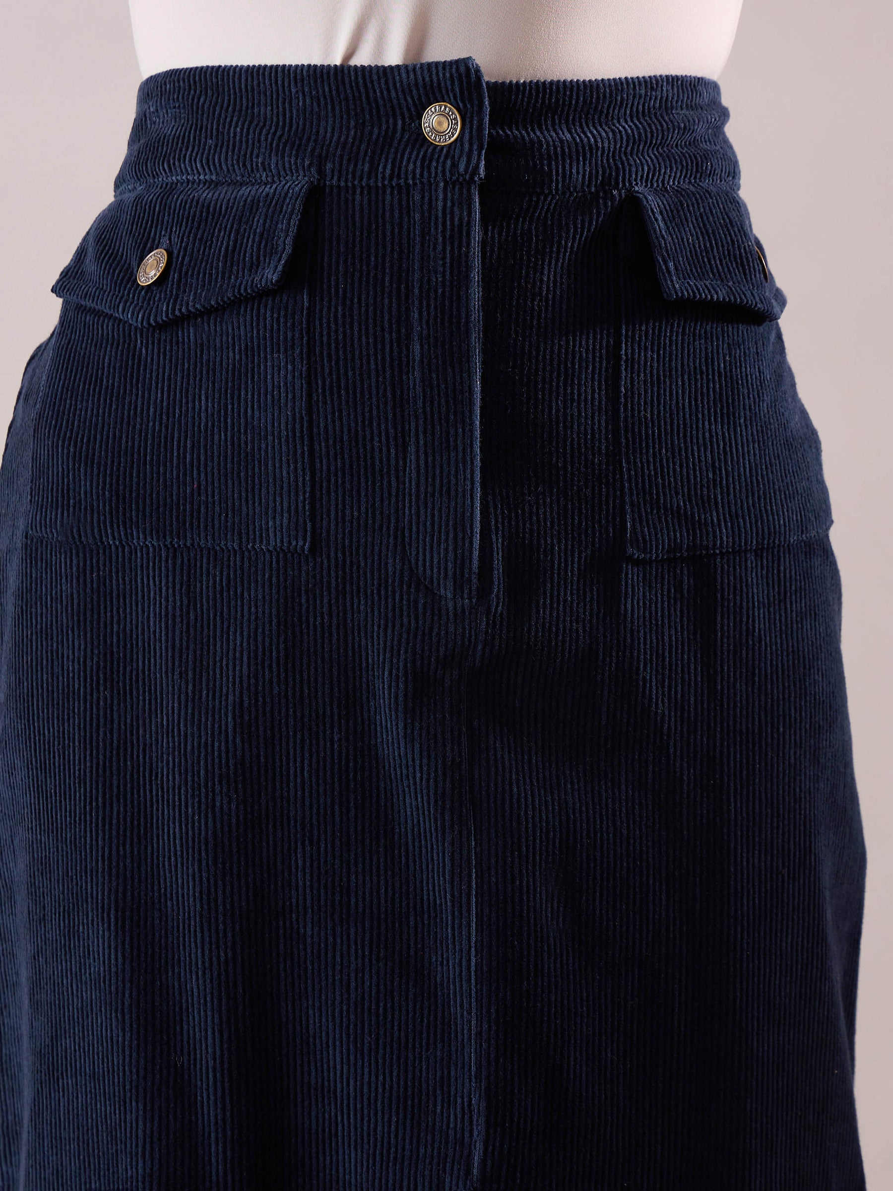 Navy Blue Corduroy Front Patch Pocket Midi Skirt-SASSAFRAS