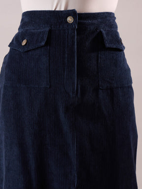 Navy Blue Corduroy Front Patch Pocket Midi Skirt-SASSAFRAS