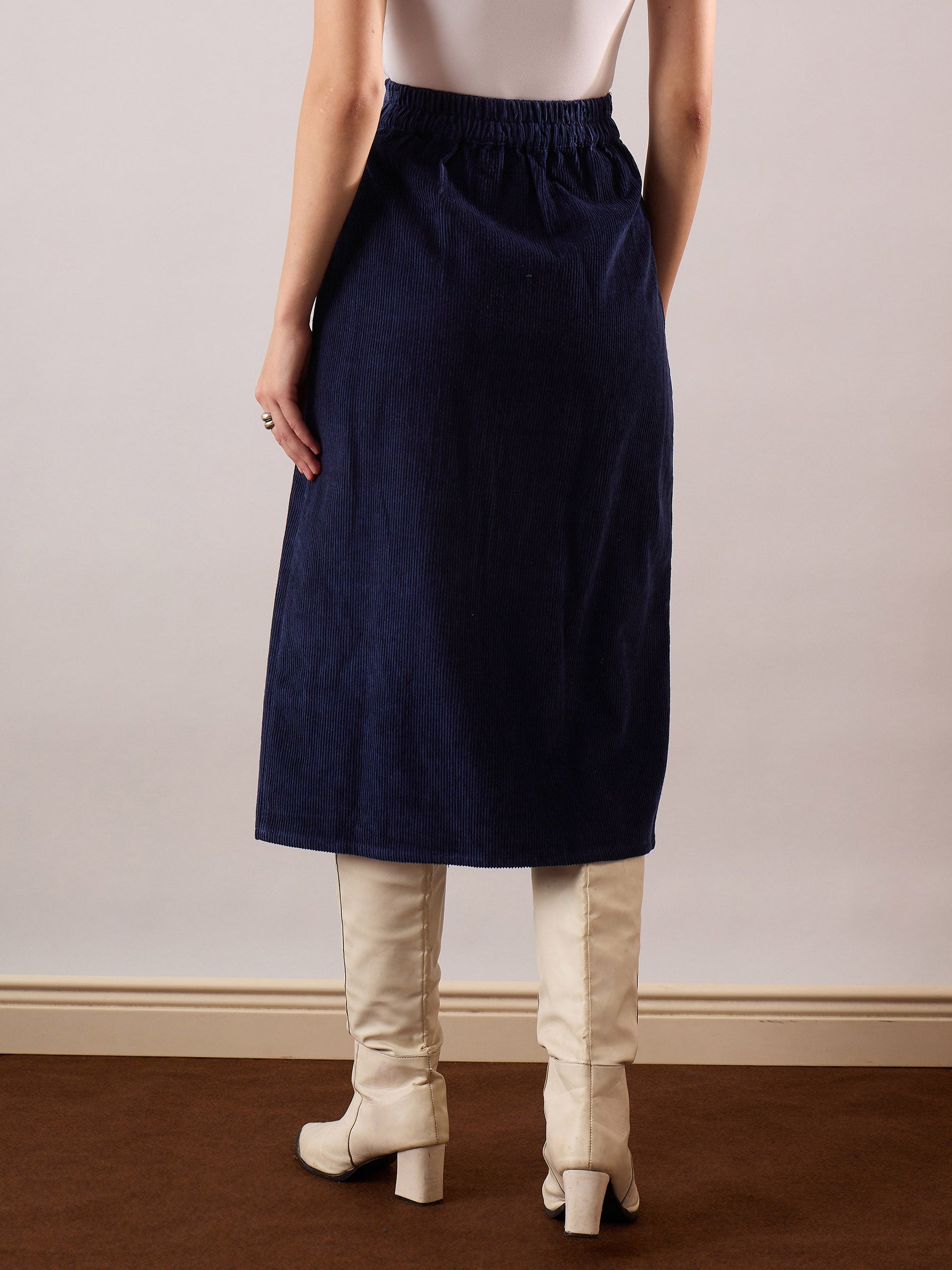 Navy Blue Corduroy Front Patch Pocket Midi Skirt-SASSAFRAS