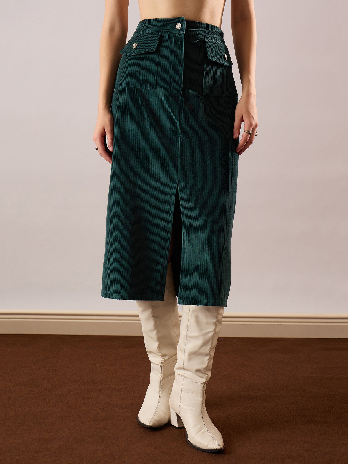 Emerald Green Corduroy Front Patch Pocket Midi Skirt-SASSAFRAS