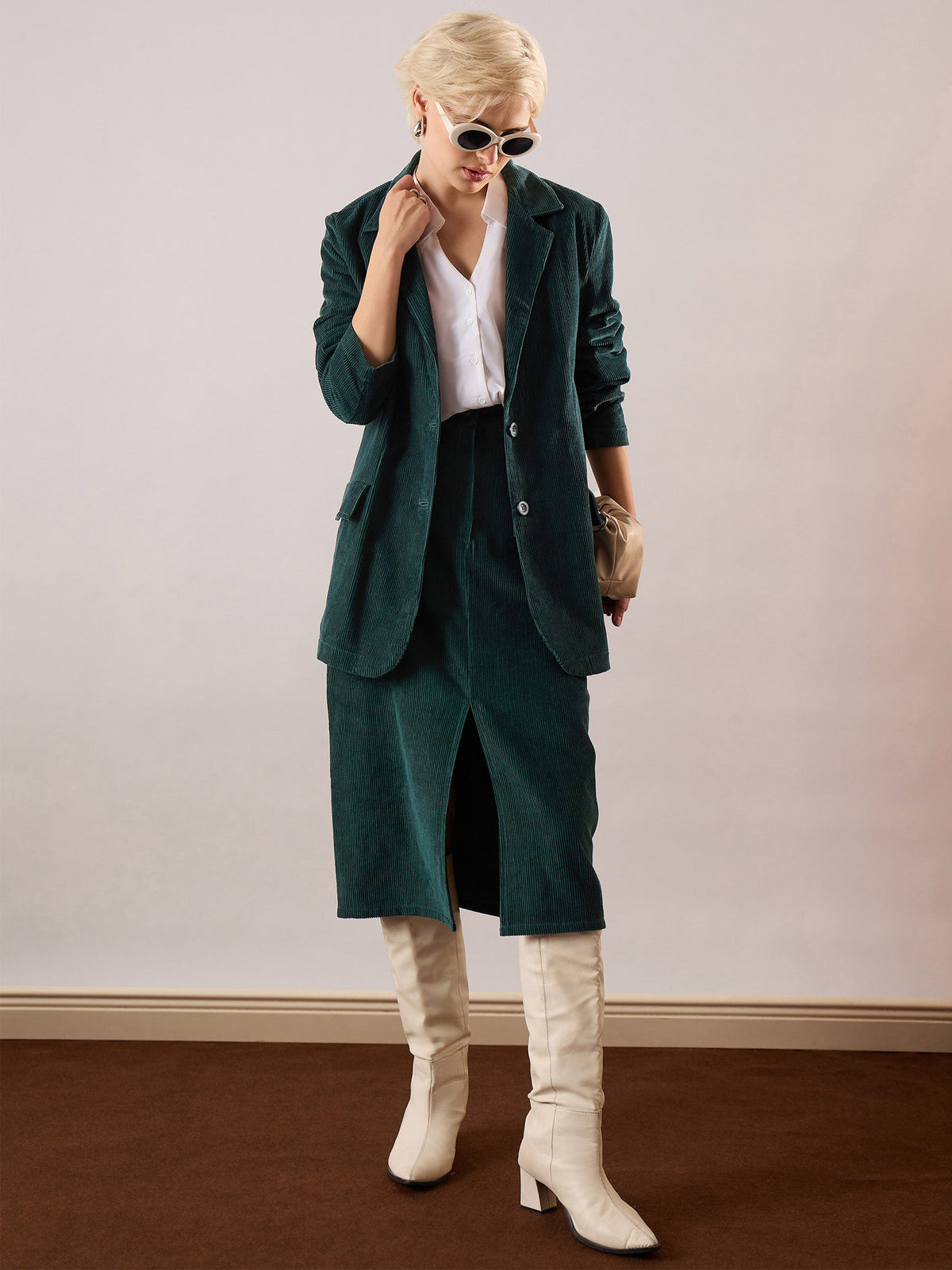 Emerald Green Corduroy Front Patch Pocket Midi Skirt-SASSAFRAS