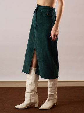 Emerald Green Corduroy Front Patch Pocket Midi Skirt-SASSAFRAS