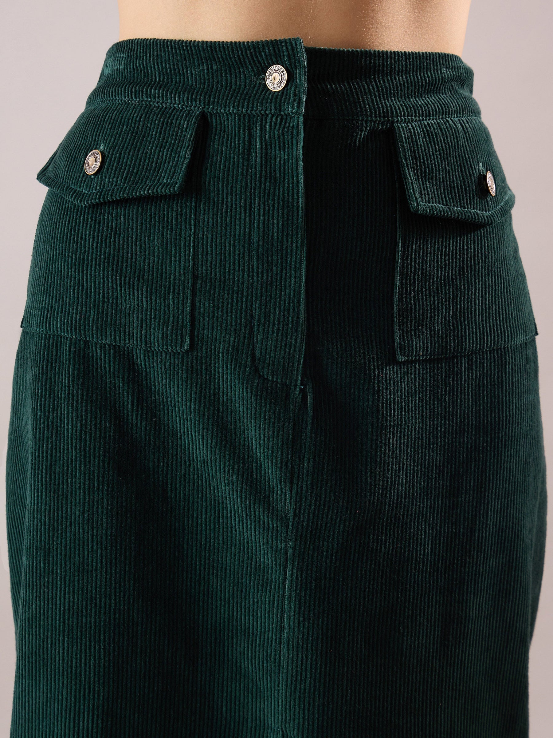Emerald Green Corduroy Front Patch Pocket Midi Skirt-SASSAFRAS