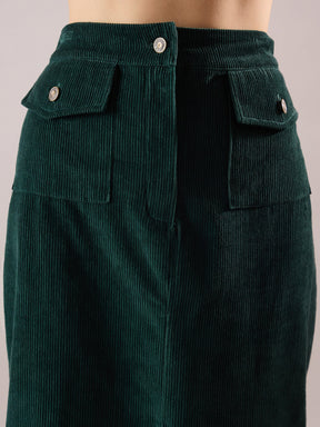 Emerald Green Corduroy Front Patch Pocket Midi Skirt-SASSAFRAS