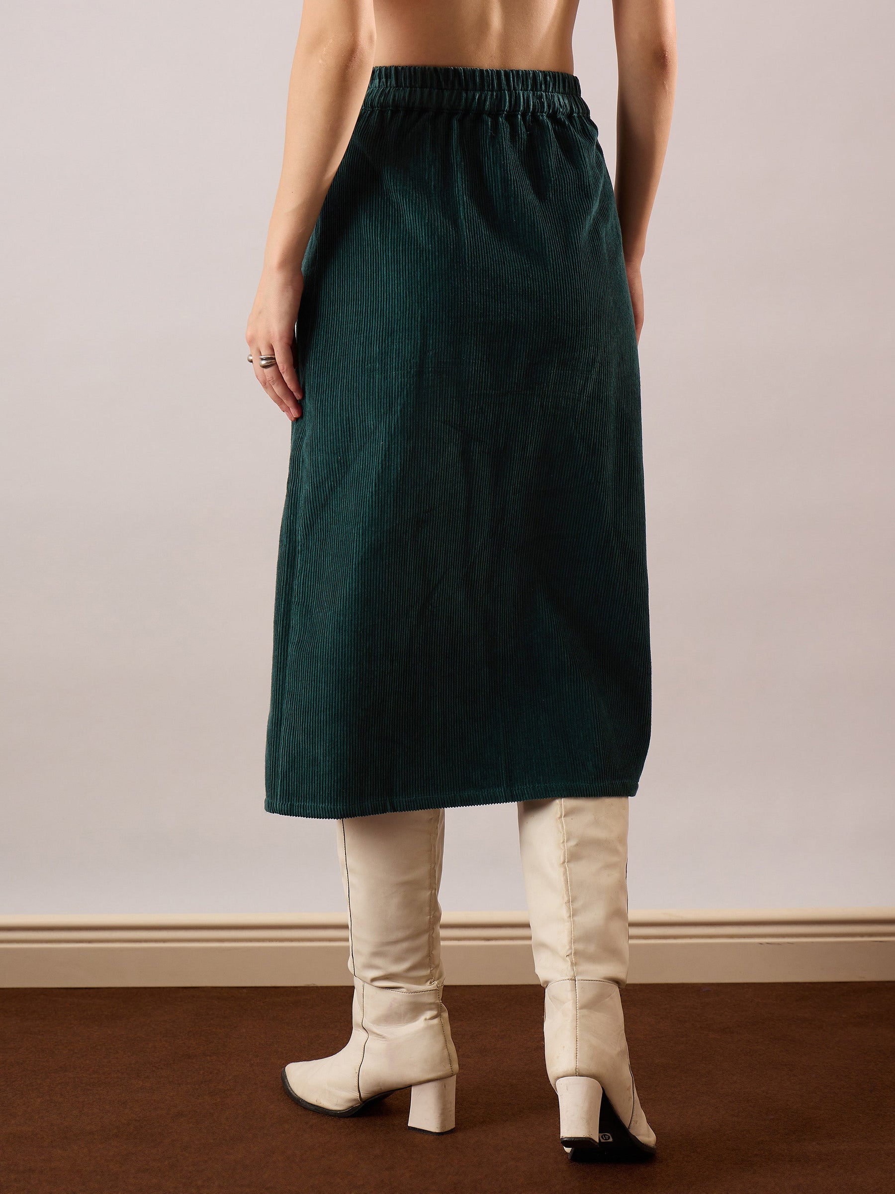 Emerald Green Corduroy Front Patch Pocket Midi Skirt-SASSAFRAS