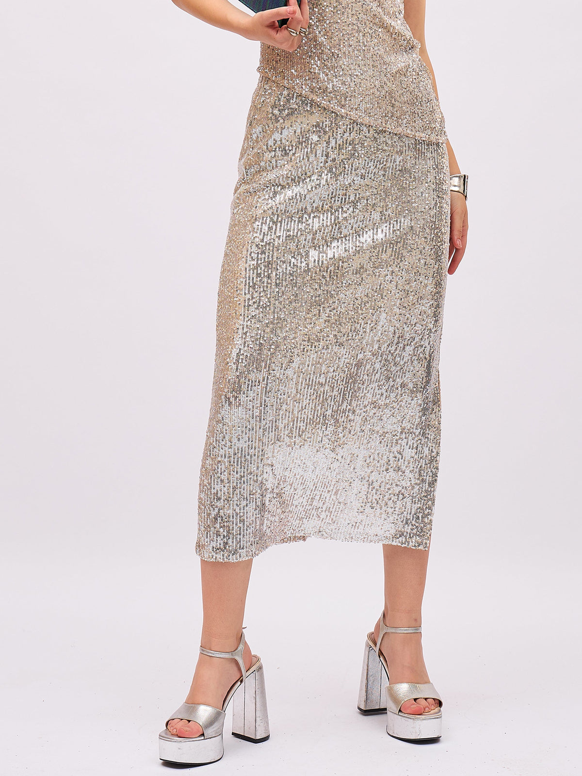 Silver Sequin Side Slit Pencil Skirt-SASSAFRAS