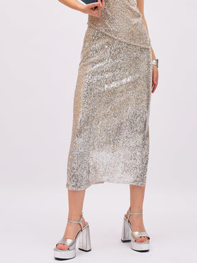 Silver Sequin Side Slit Pencil Skirt-SASSAFRAS
