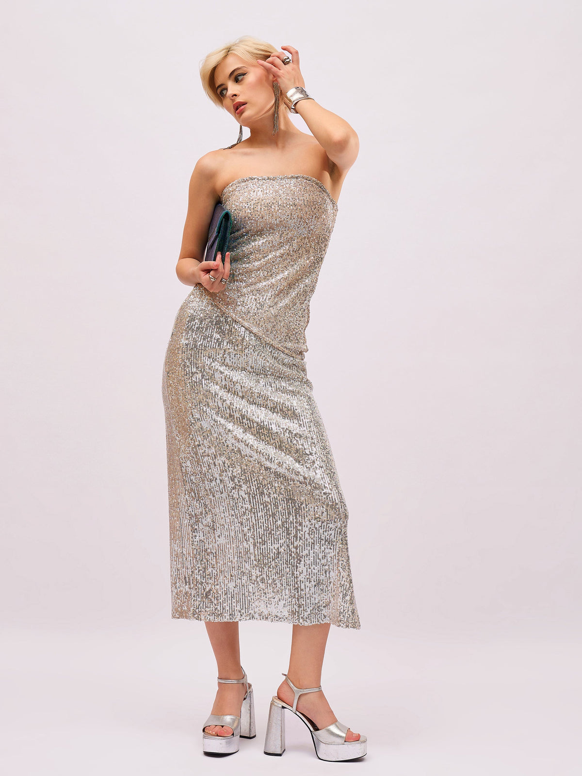 Silver Sequin Side Slit Pencil Skirt-SASSAFRAS