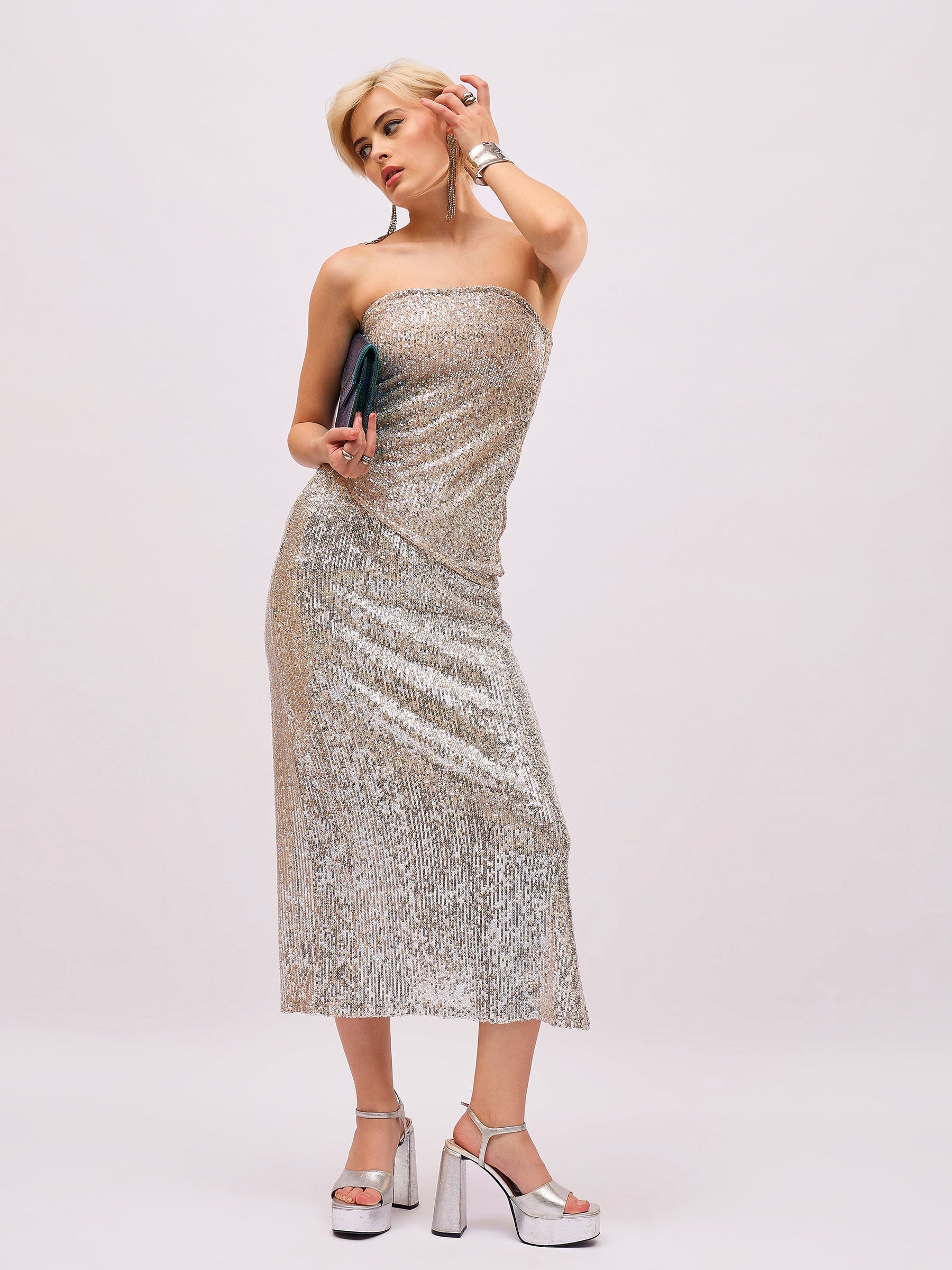 Silver Sequin Side Slit Pencil Skirt-SASSAFRAS