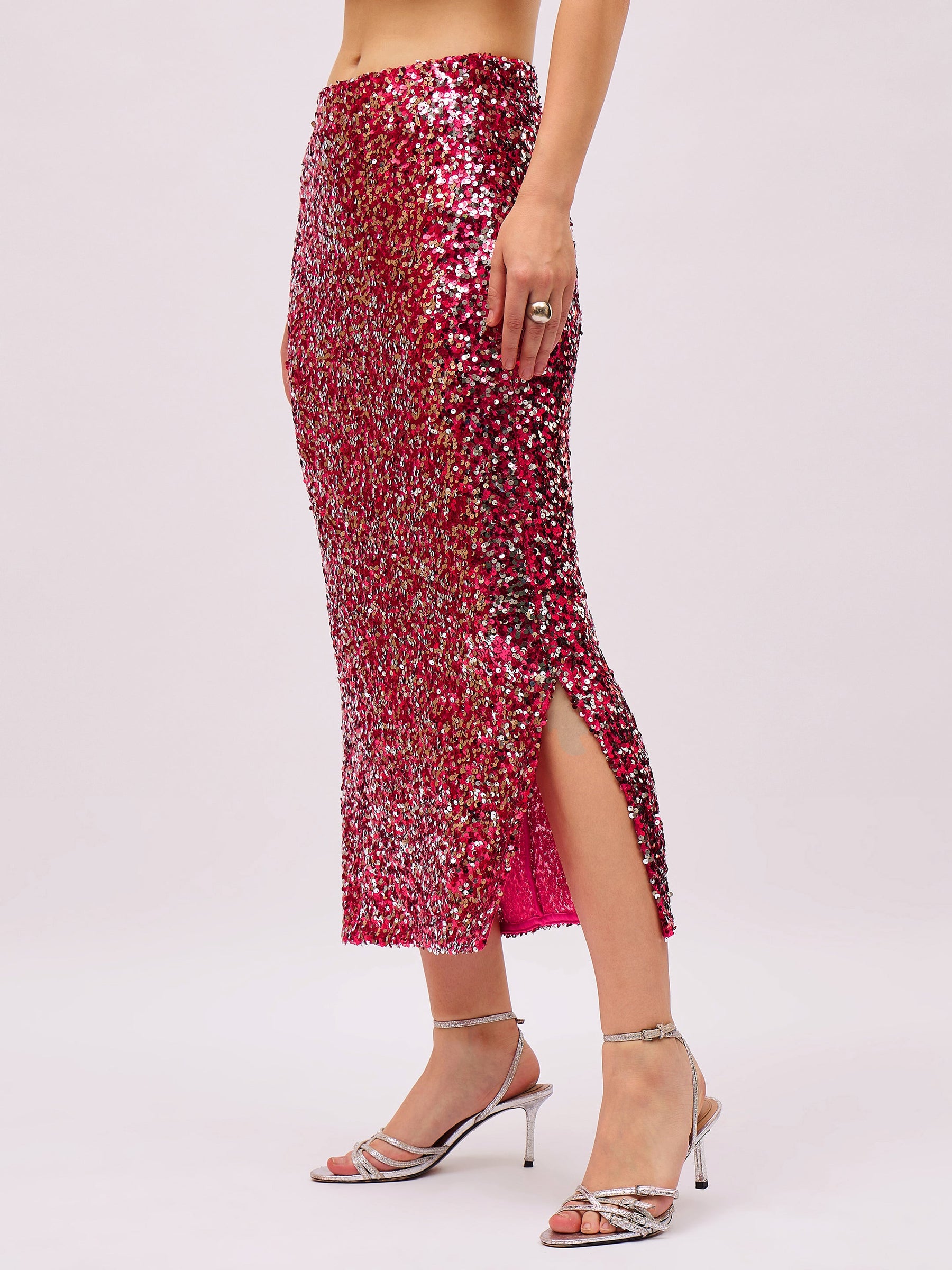 Pink Sequin Pencil Skirt-SASSAFRAS
